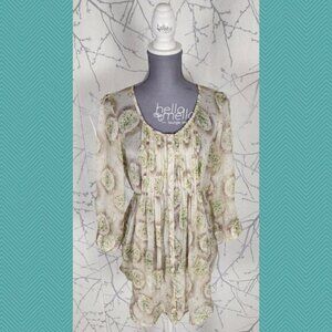 Kimchi Blue Artsy Print Pleated Pintuck Button Up Sheer Tunic